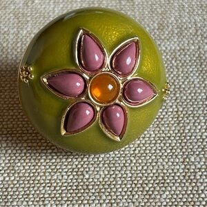 Pink and Green Enamel Floral Ring with Gold Details Size 7